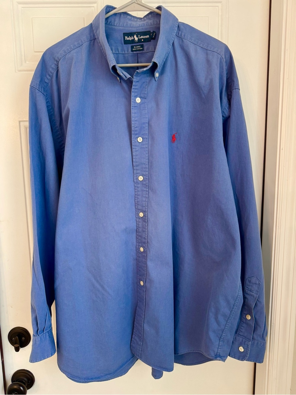 Ralph Lauren Blue Long-Sleeve Button-Down Shirt with Red Polo Logo